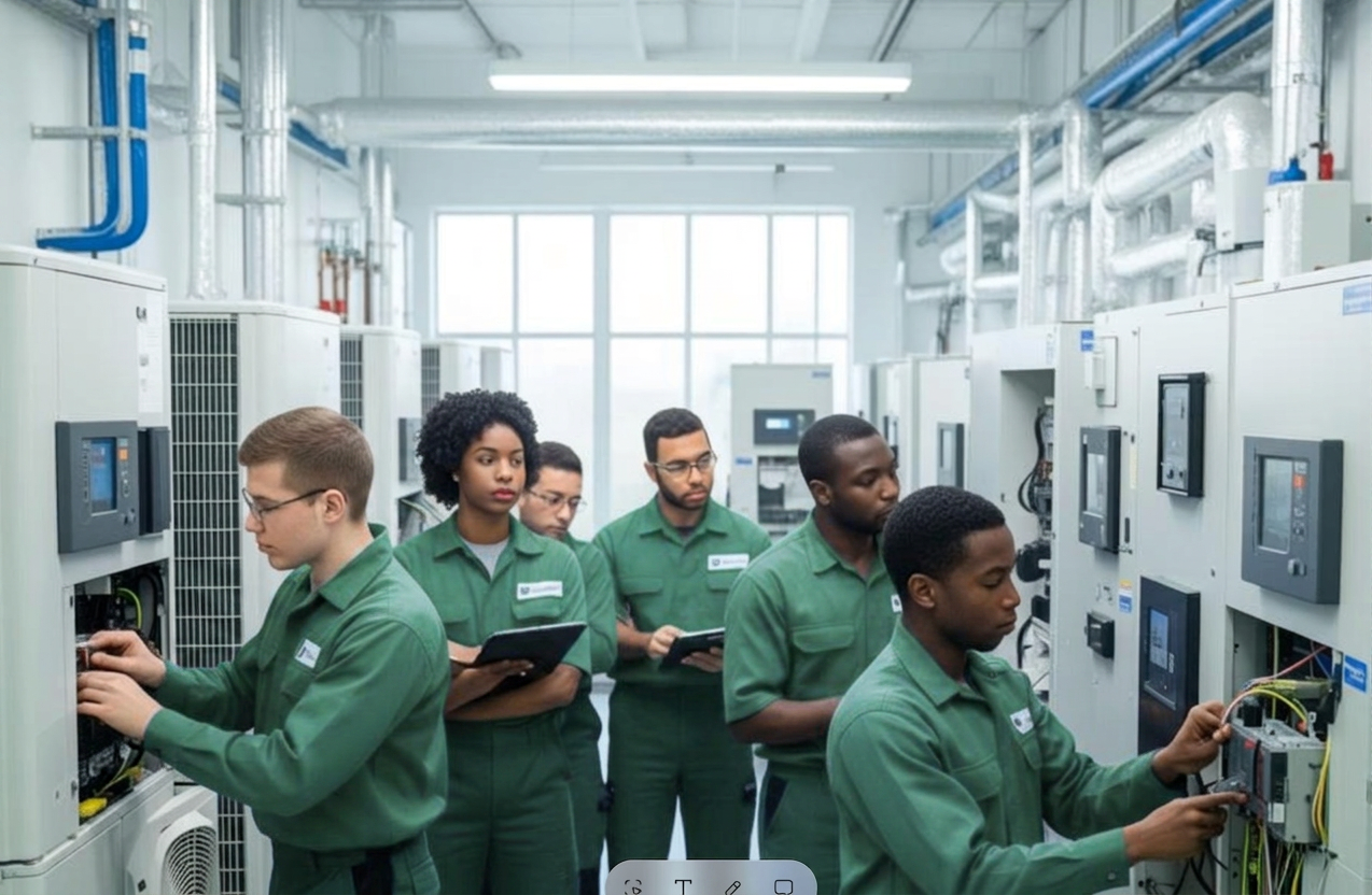 A diverse team of HVACR technicians working on modern HVAC systems