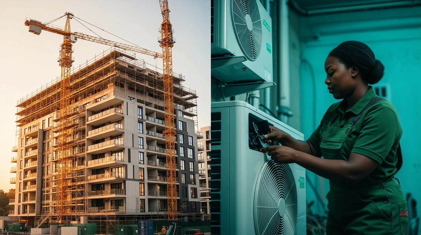 Split view of multifamily construction alongside a diverse HVAC technician installing a modern heat pump system