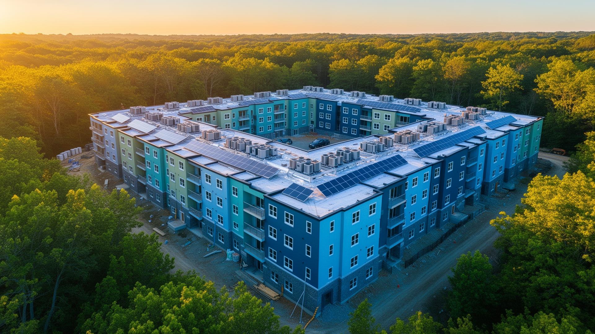 Aerial view of a completed multifamily housing development with rooftop heat pumps and solar